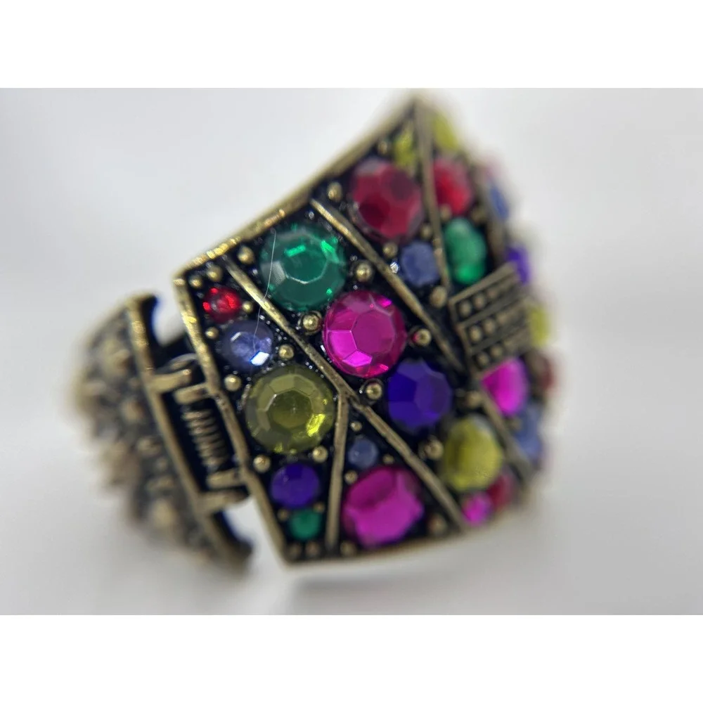 Bracelet Gold Tone Large Multicolor Rhinestone Bangle Hinged Statement Jewelry